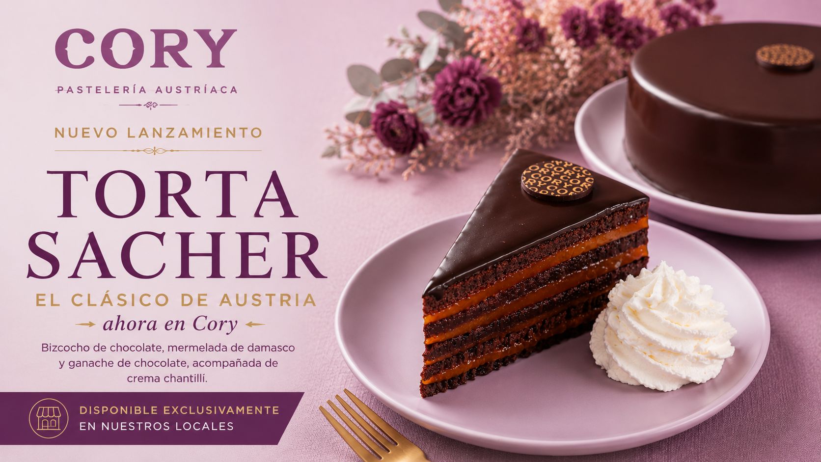 Torta Sacher de Cory con bizcocho de chocolate, mermelada de damasco, ganache de chocolate y crema chantillí, inspirada en la tradicional pastelería austríaca.